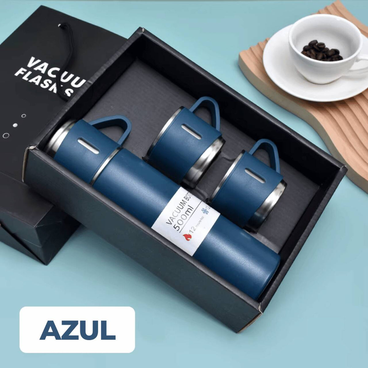 Garrafa Térmica Premium 500ml - Café Quente Sempre com Você (Ganhe 2 Xícaras + Caixa Para Presente)