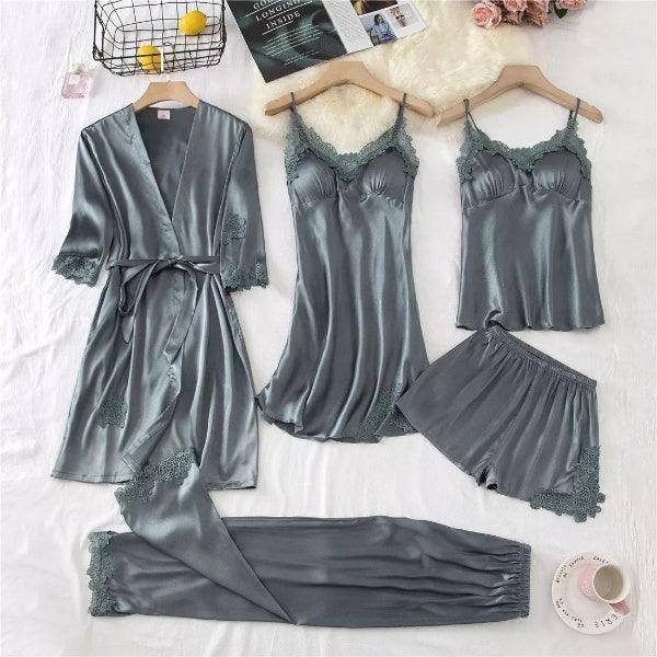 Conjunto Para Dormir com 5 Peças em Cetim de Seda